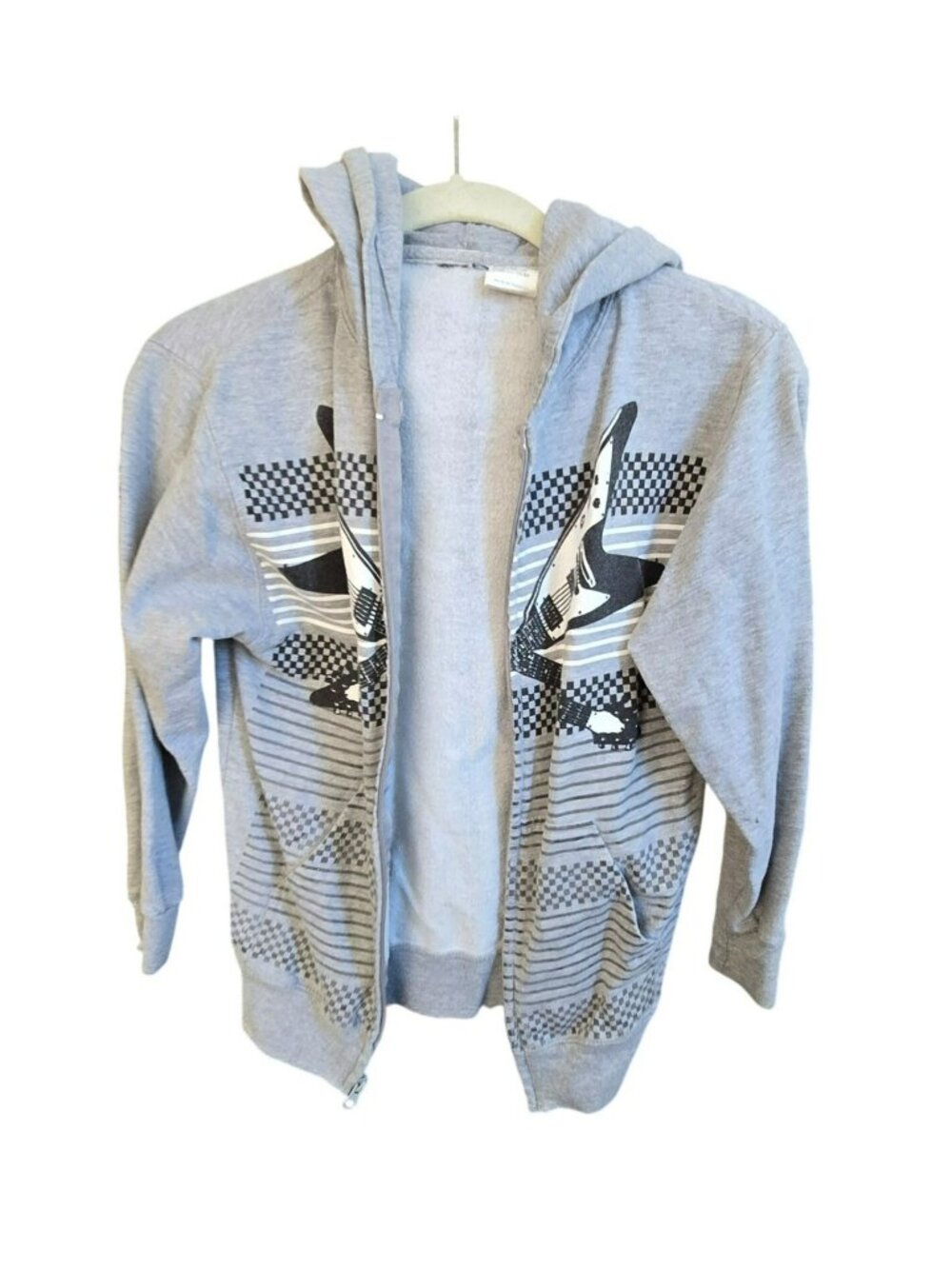 Gray Hoodie With Guitar Graphic Print Size Youth Small Full-Zip Closure JJ4353